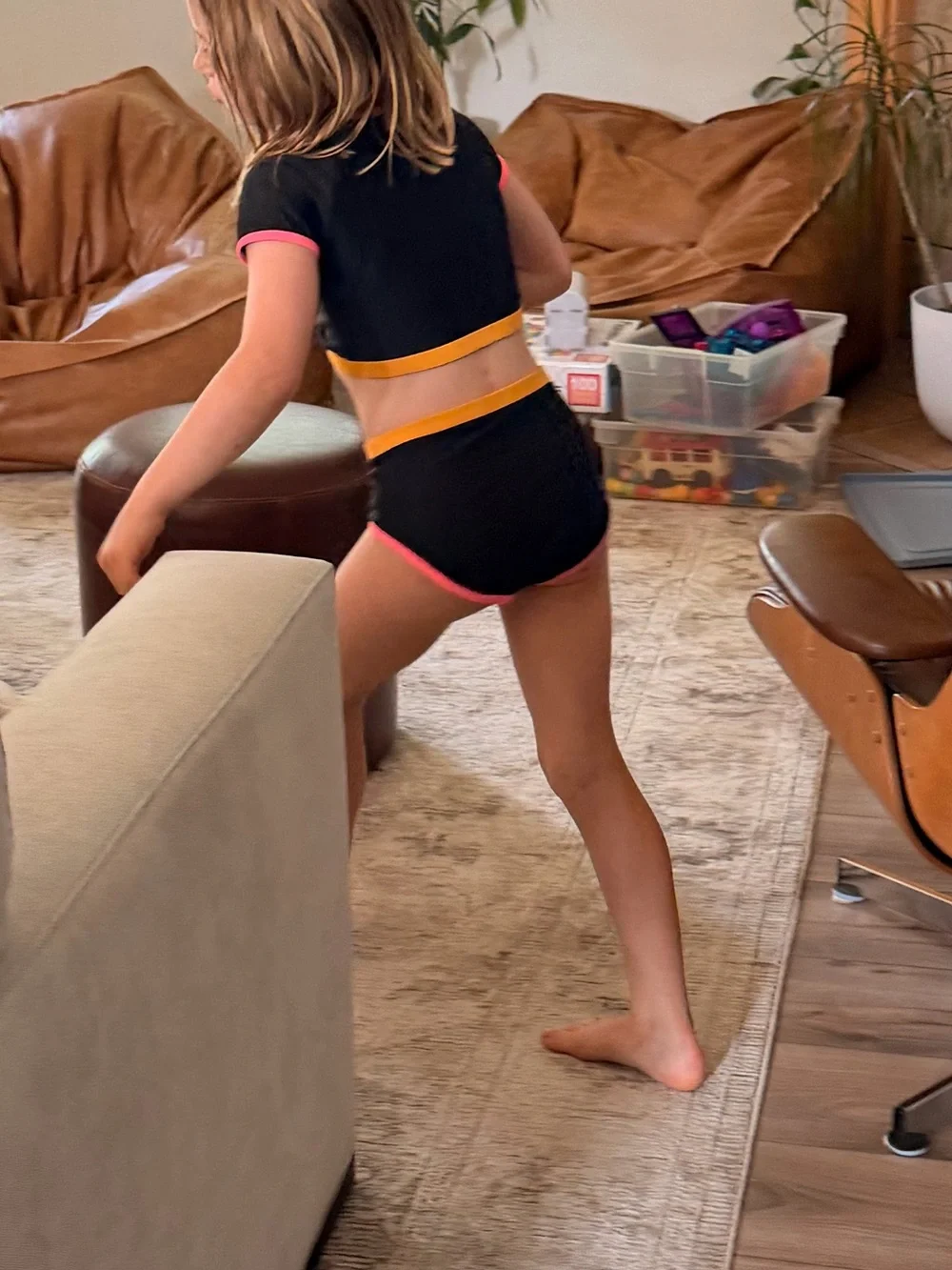 Girls' 2 piece cropped top Black Swim Set with Pink and Yellow Trim